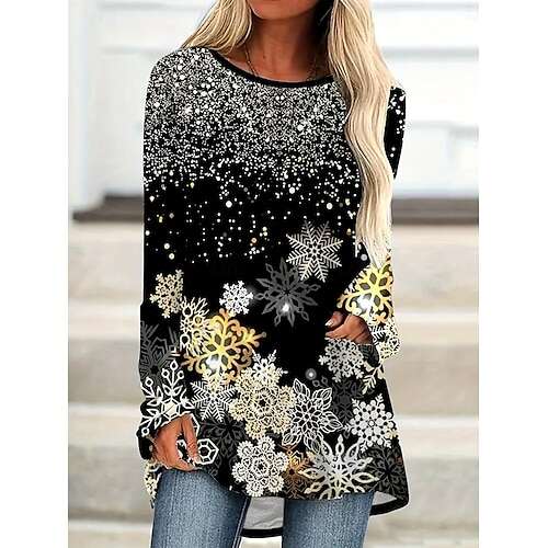 Women's Christmas Sweatshirt Reindeer Snowflake Print Long Sleeve Crew Neck Holiday Red White Casual Festive Winter Clothing Apparel