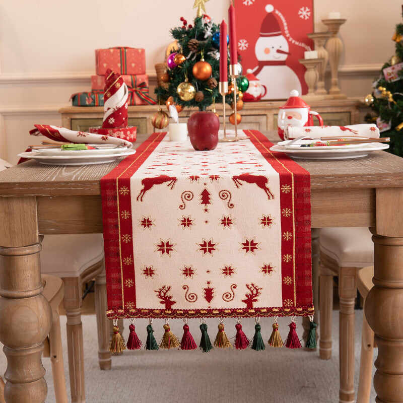 Christmas Festival Snowman Table Runner with Tassels