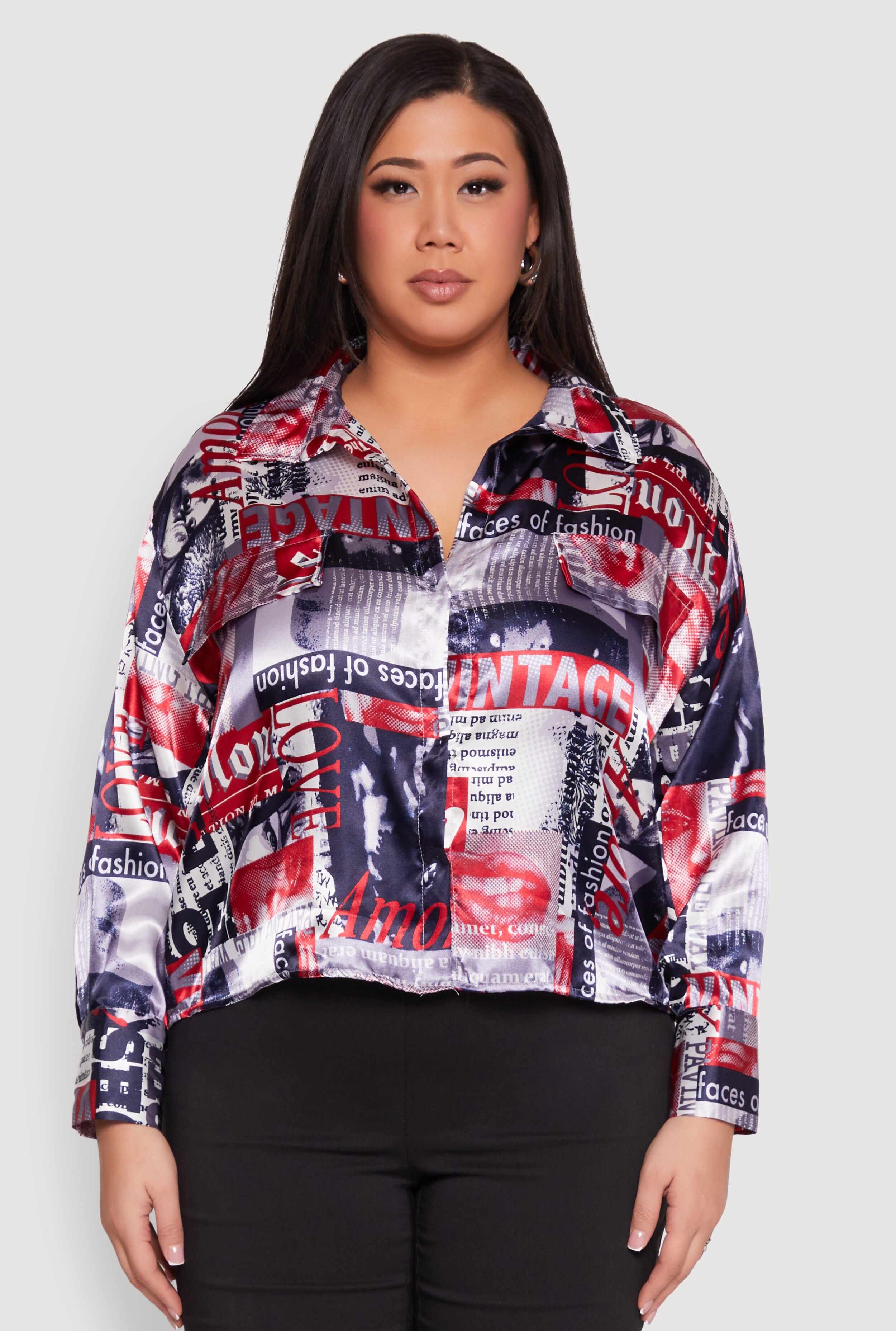 Plus Size Newspaper Print Satin Shirt