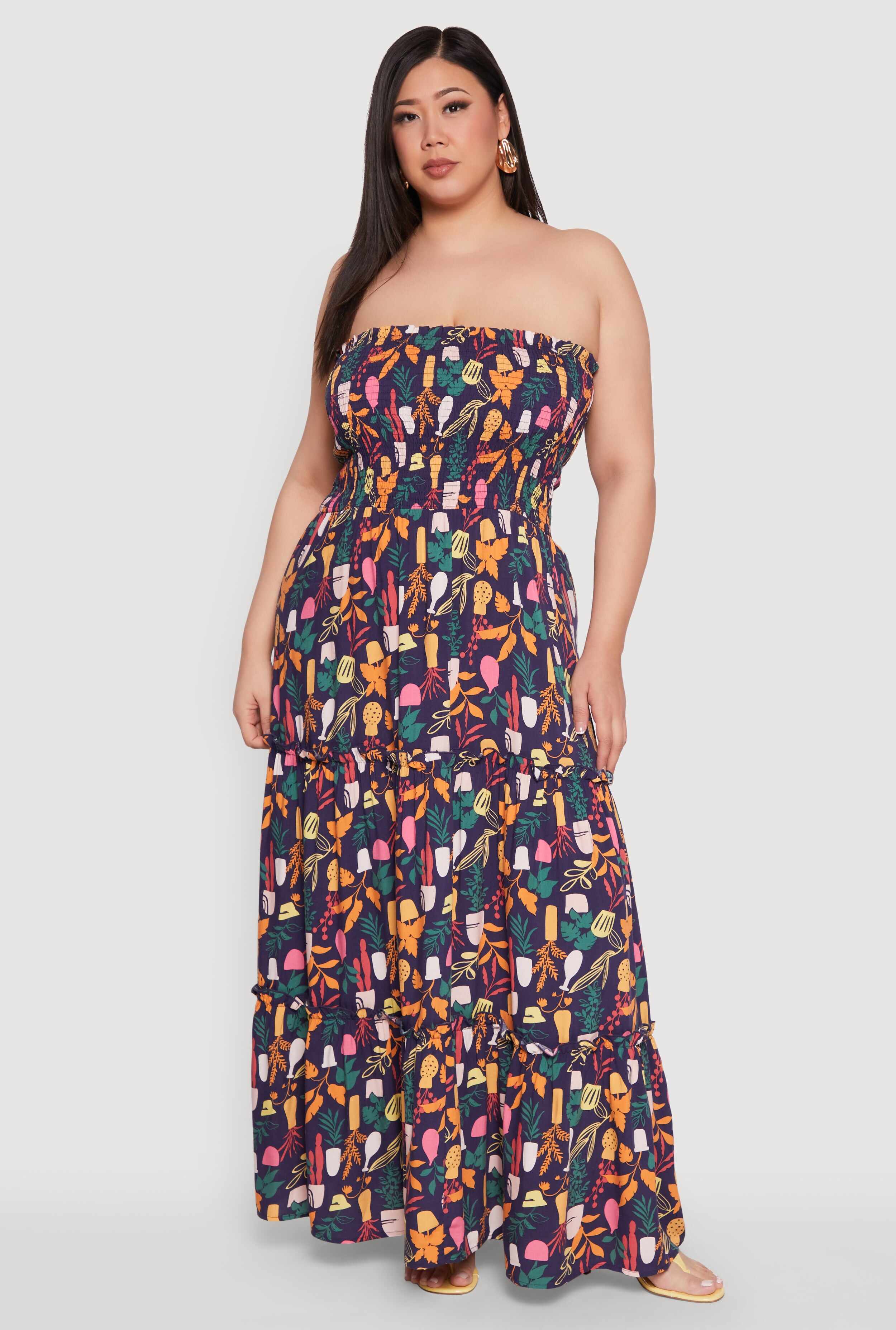 Plus Size House Plant Print Tiered Maxi Dress