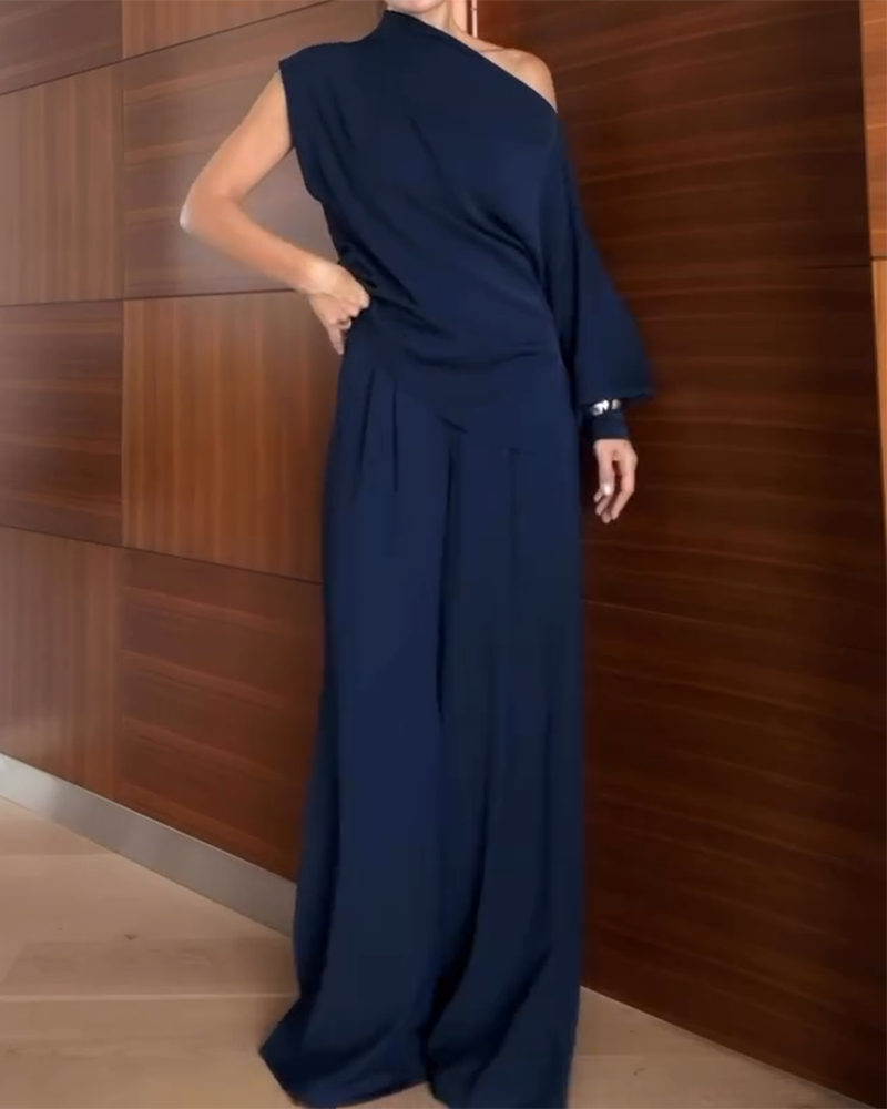 One-shoulder Off-the-shoulder Long-sleeved Top and Pants Two-piece Set