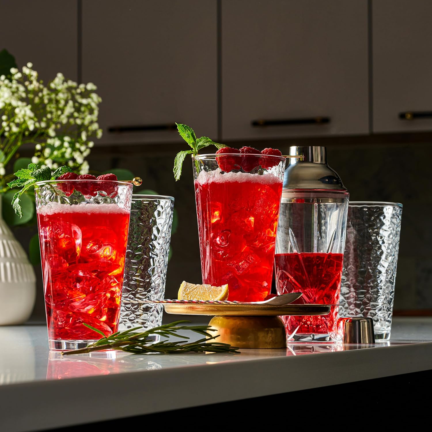 A set of 10 hammered glass cups, 16 ounces (about 453.6 grams), dishwasher safe cocktail drinking cups - transparent heavy highball glasses, highball glasses, bar glasses, for juice, iced tea, margaritas and daily beverages.