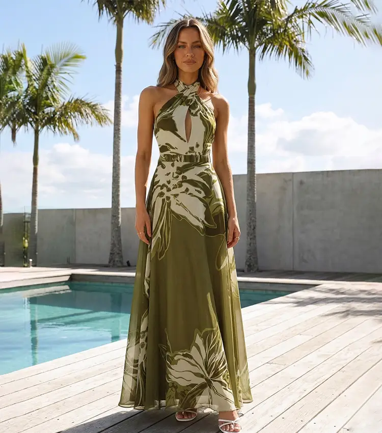 Green & White Halter Neck Swimsuit Set