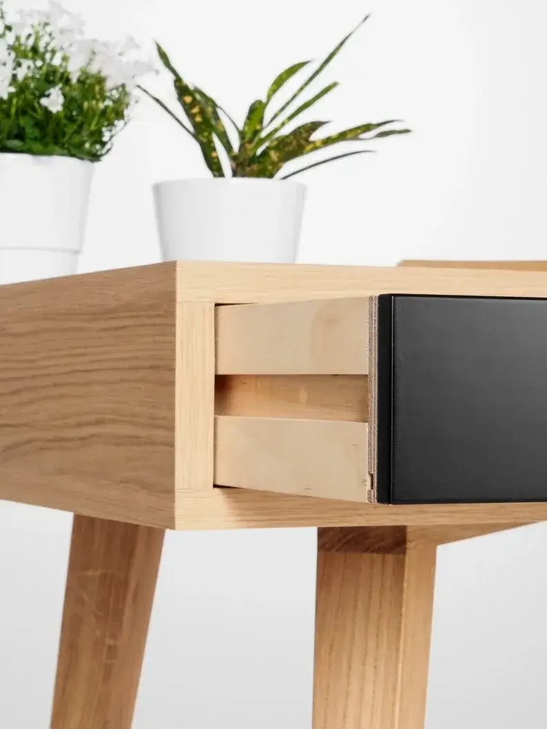 Large modern oak desk, computer table, bureau with black drawers, oak wood, mid century modern, customized size and finish;Send 1 stool(pictured)