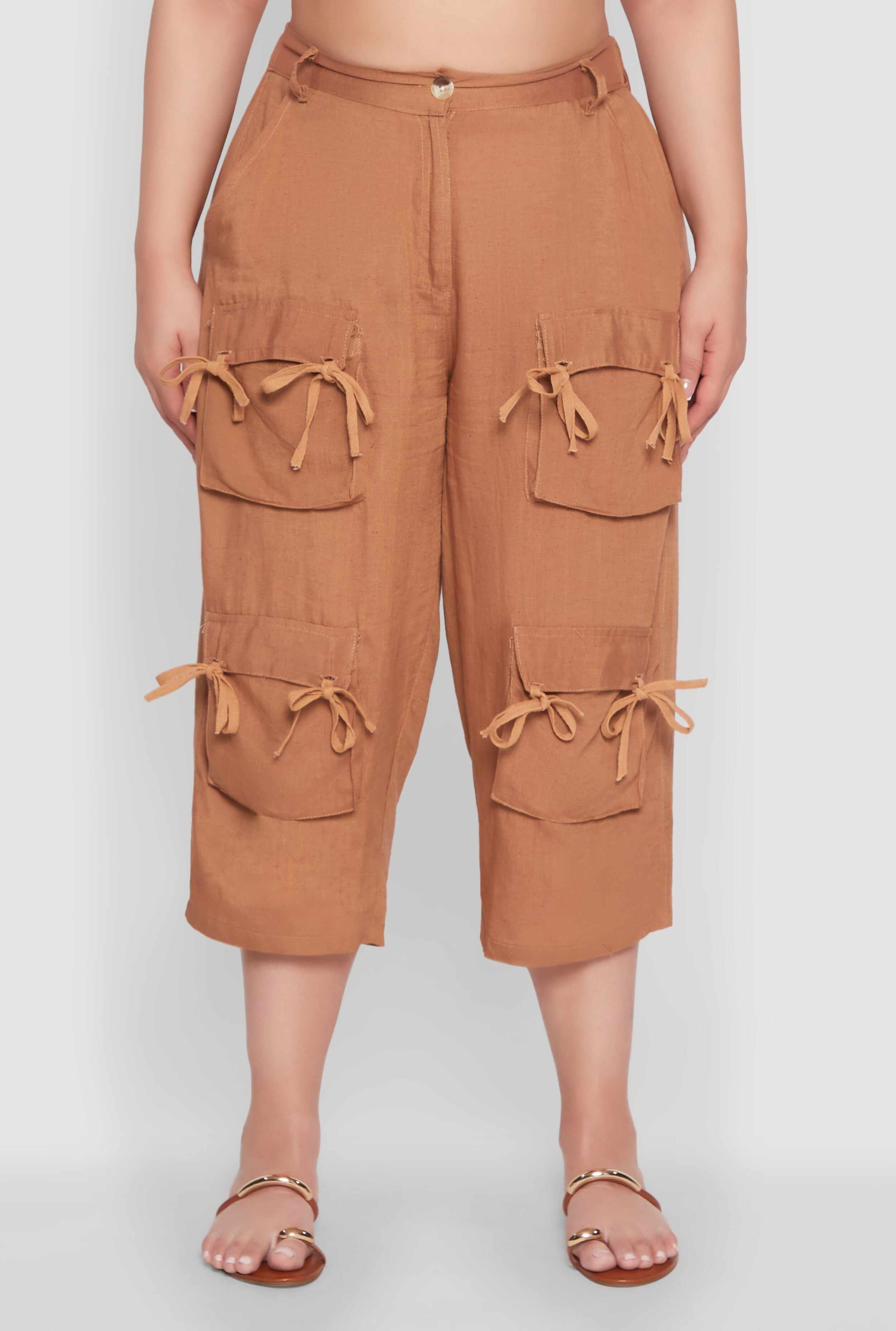 Plus Size Tie Cargo Pocket Capri Pants