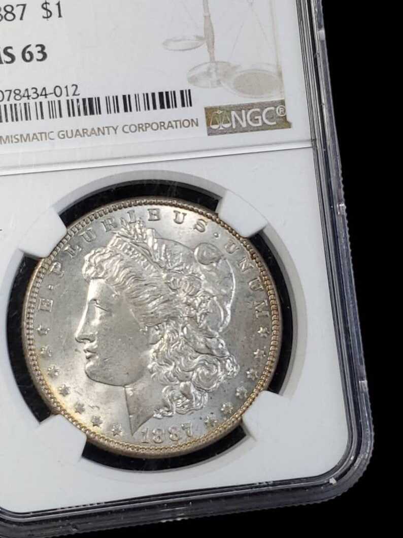 1887   MS 63 Silver Morgan Dollar, NGC  MS 63  Silver Coin  Beautiful toning- small chip on top of the case -  Regular -129   Lot # 1486