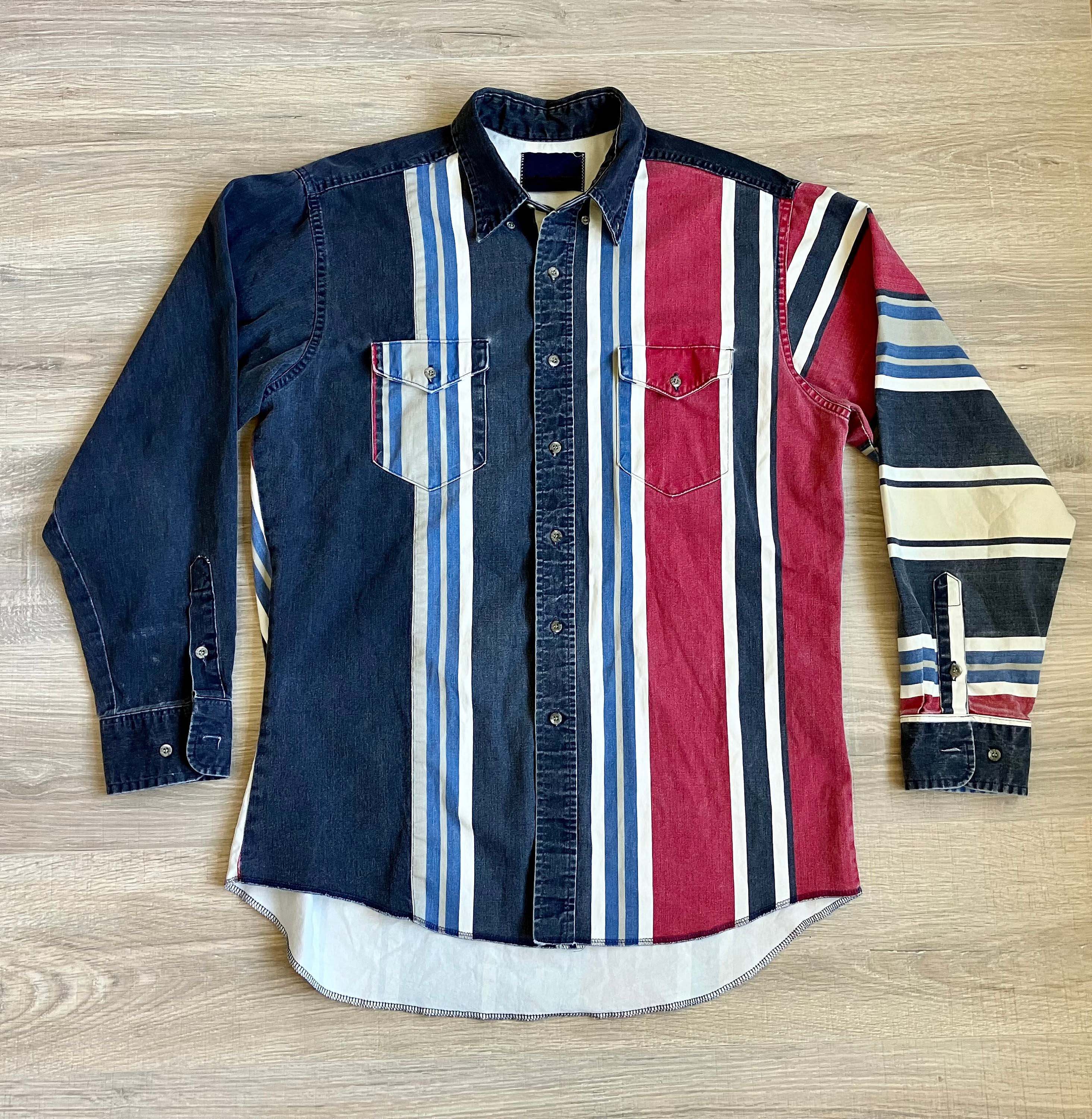 Men's Fashion Western Dark Blue Red Striped Long Sleeve Shirt
