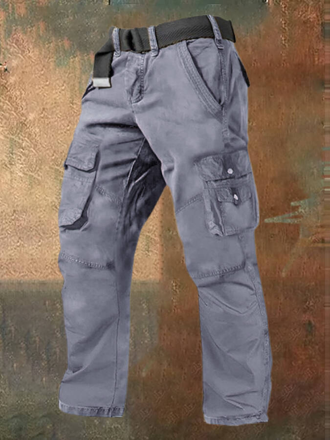 Men's Multi Pocket Plain Breathable Moisture Outdoor Daily Camping & Hiking Pants (Belt Included)