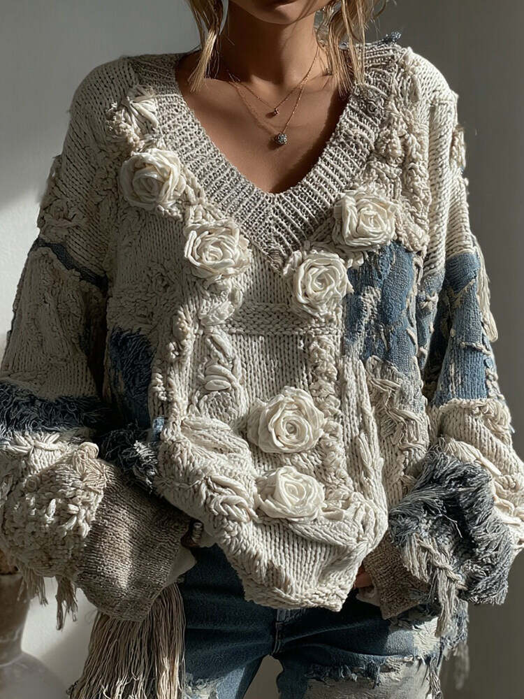 Women's Vintage White Rose Chunky Knit V-neck Sweater