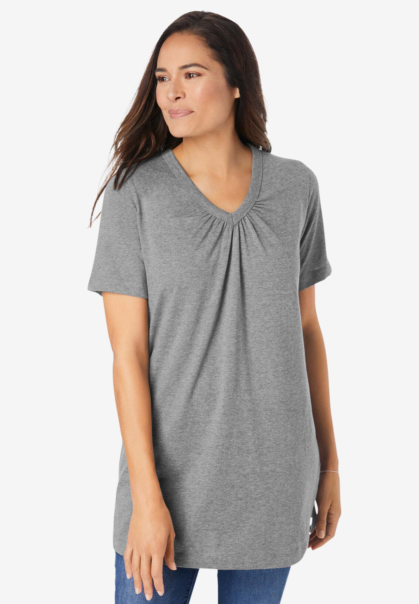 Perfect Short-Sleeve Shirred V-Neck Tunic
