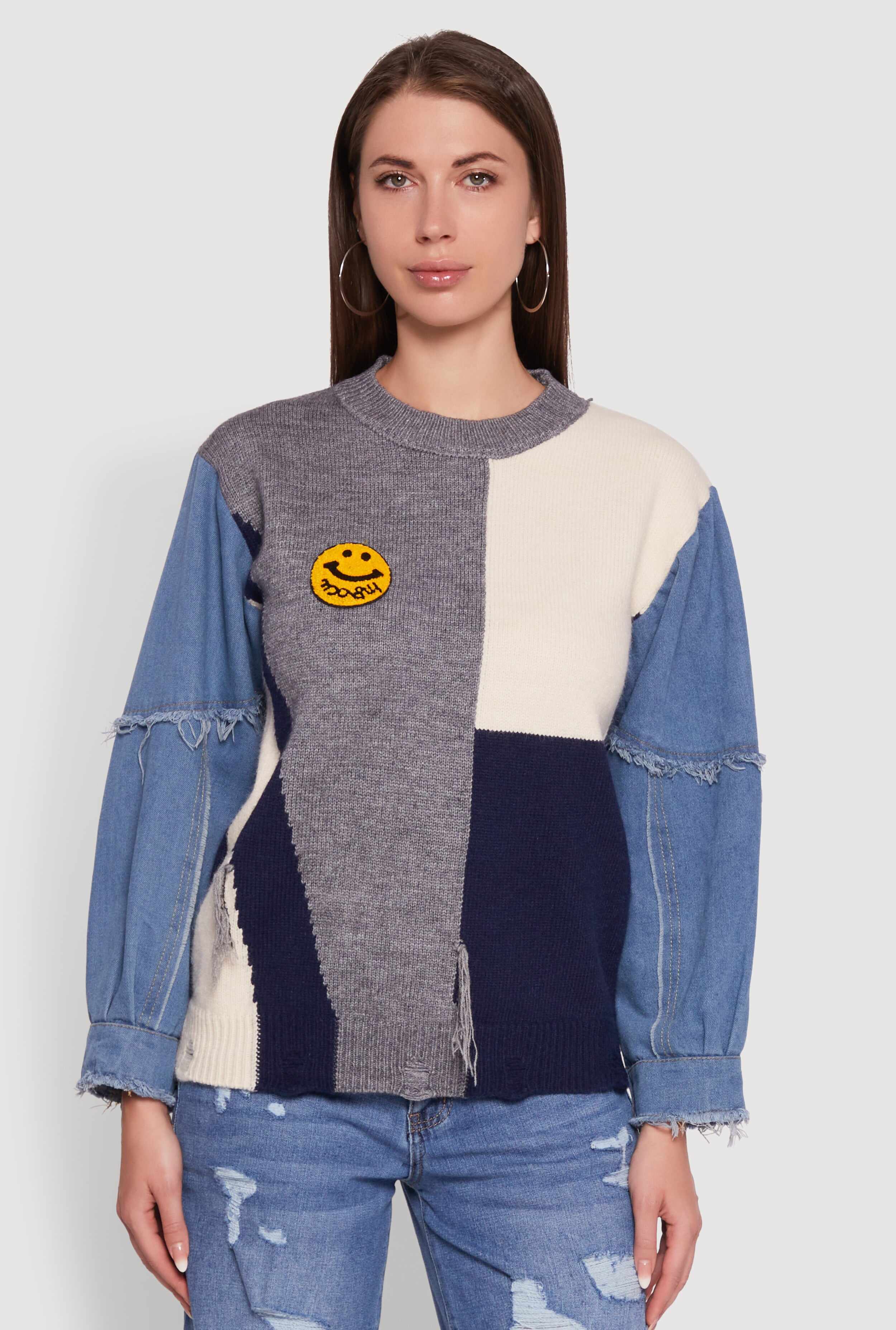 Daisy Color Blocked Denim Sleeve Sweater