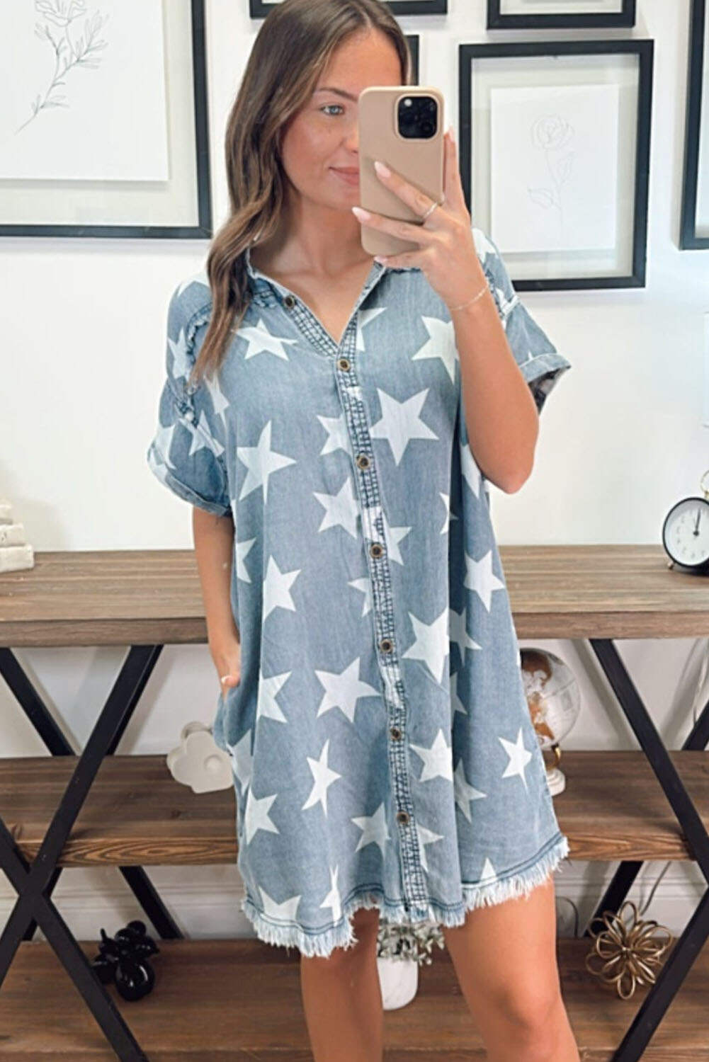 Sky Blue Stars Frayed Hem Collared Short Sleeve Denim Dress