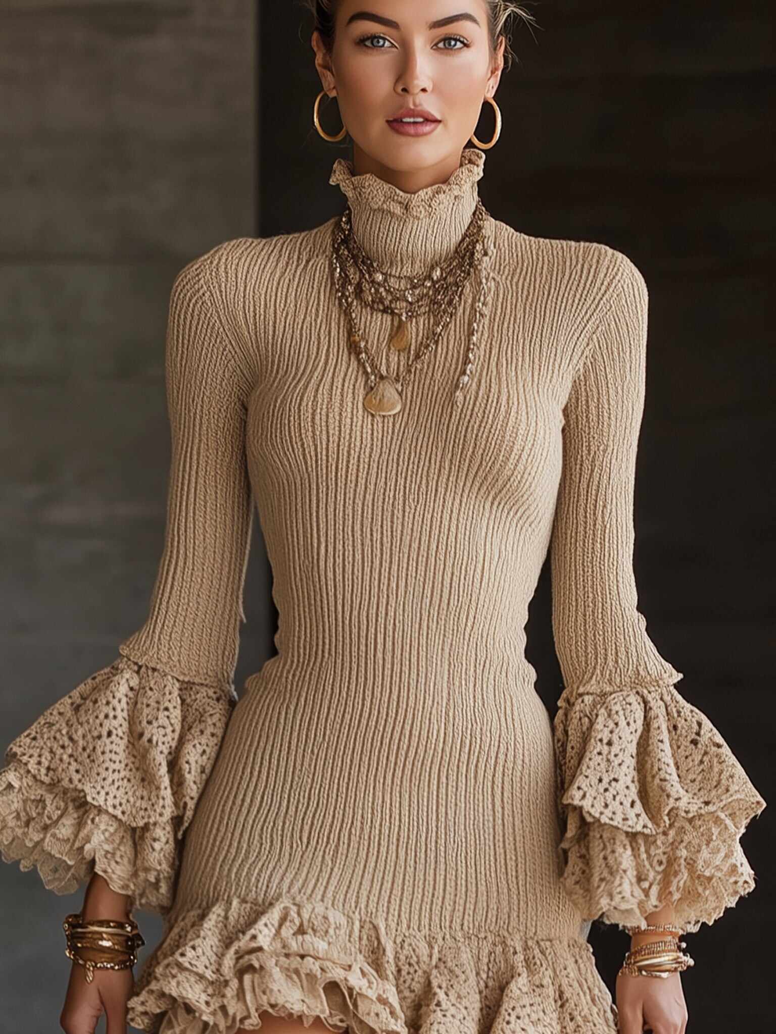 Beige Lace Ruffle Turtleneck Knit Mini Dress