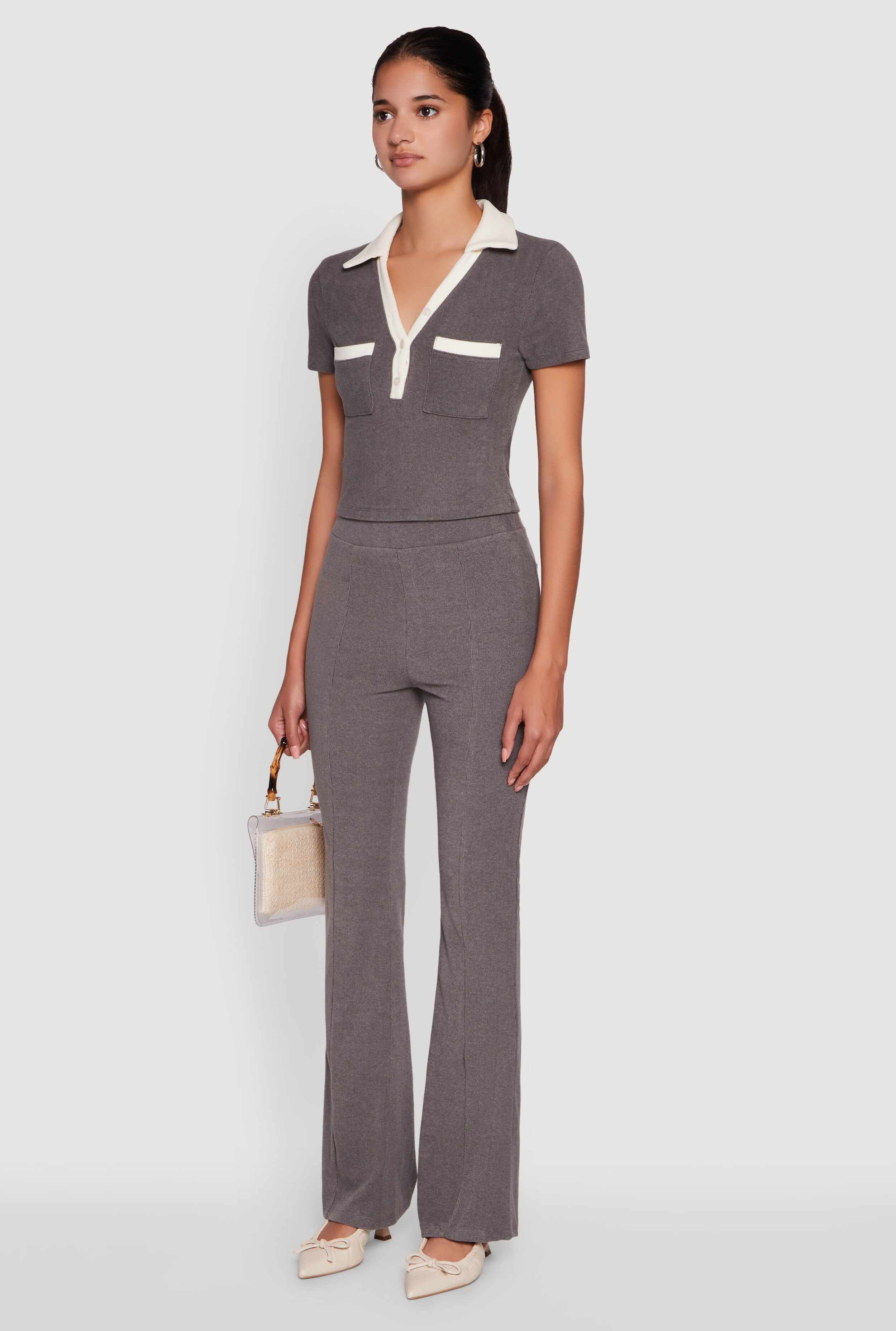 Brushed Knit Contrast Trim Cropped Polo Shirt