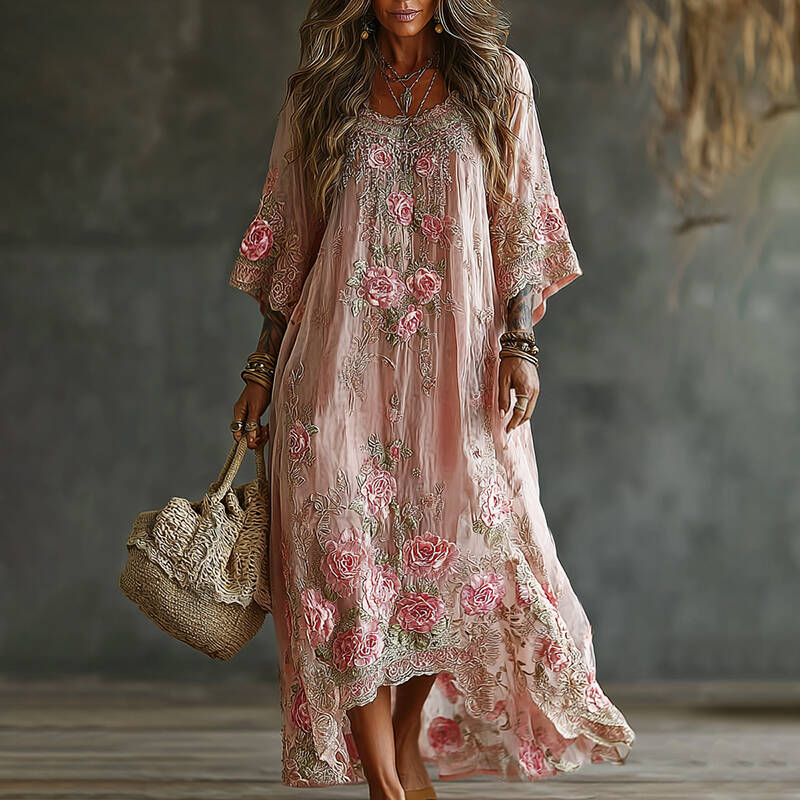 Women's Floral Art Flowy Linen Blend Casual Long Sleeve Maxi Dress