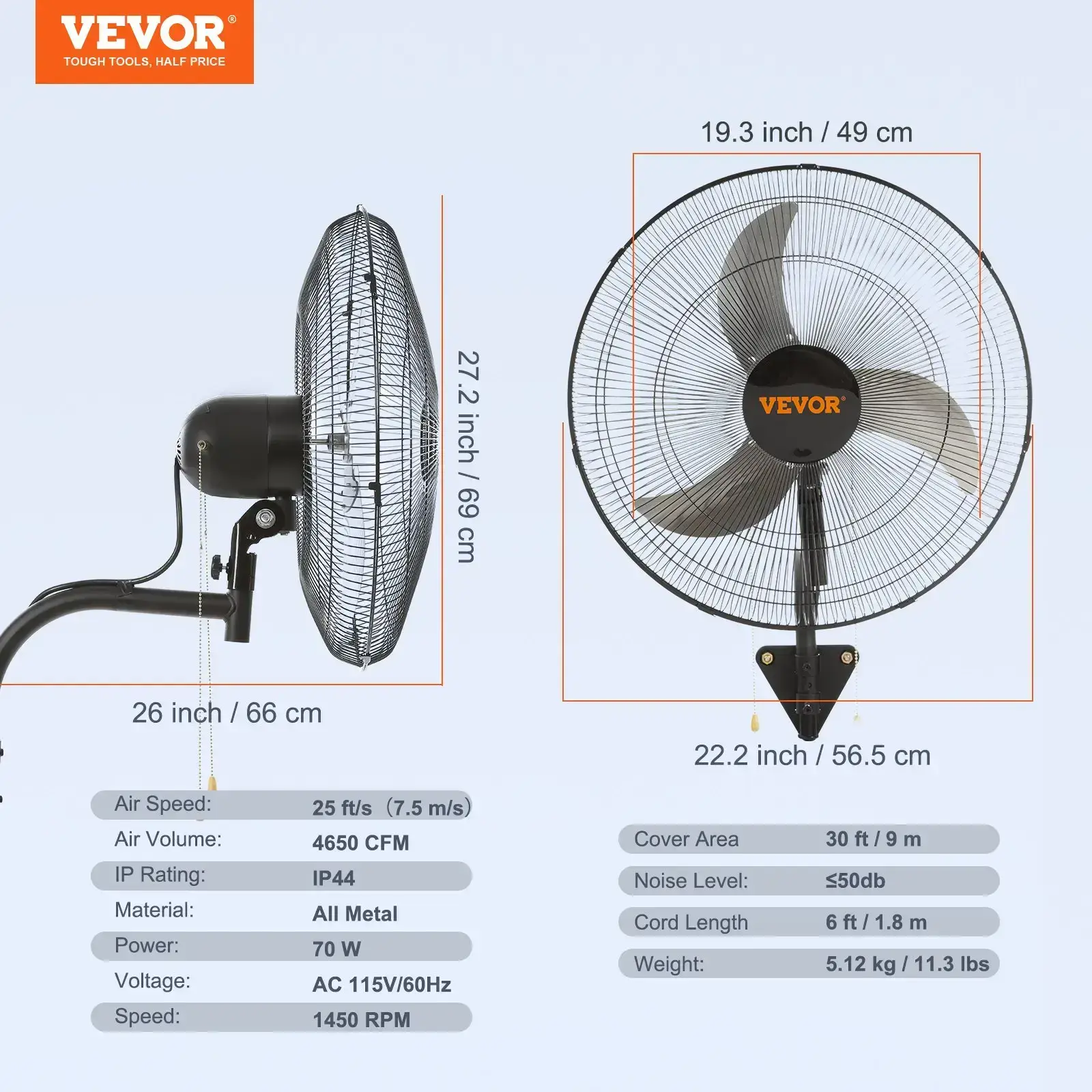Oscillating Wall Mount Fan,  20 Inch, 3-speed High Velocity Max. 4650 CFM Industrial Wall Fan, Commercial or Residential for Warehouse, Greenhouse, Workshop, Patio, Basement, Black