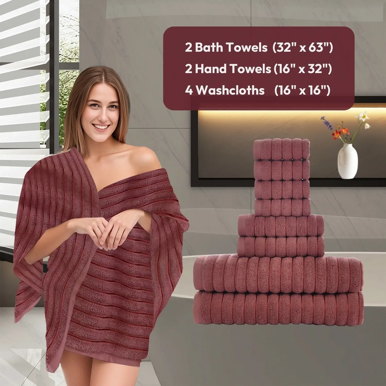 8 Piece Oversized Bath Towel Set, 100% Cotton Bath Towels, Highly Absorbant Bordered Towels