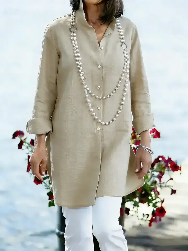 🔥Summer Arrivals🌟Women's Solid Color Lapel Long-sleeved Casual Loose Cotton And Linen Tunic Top