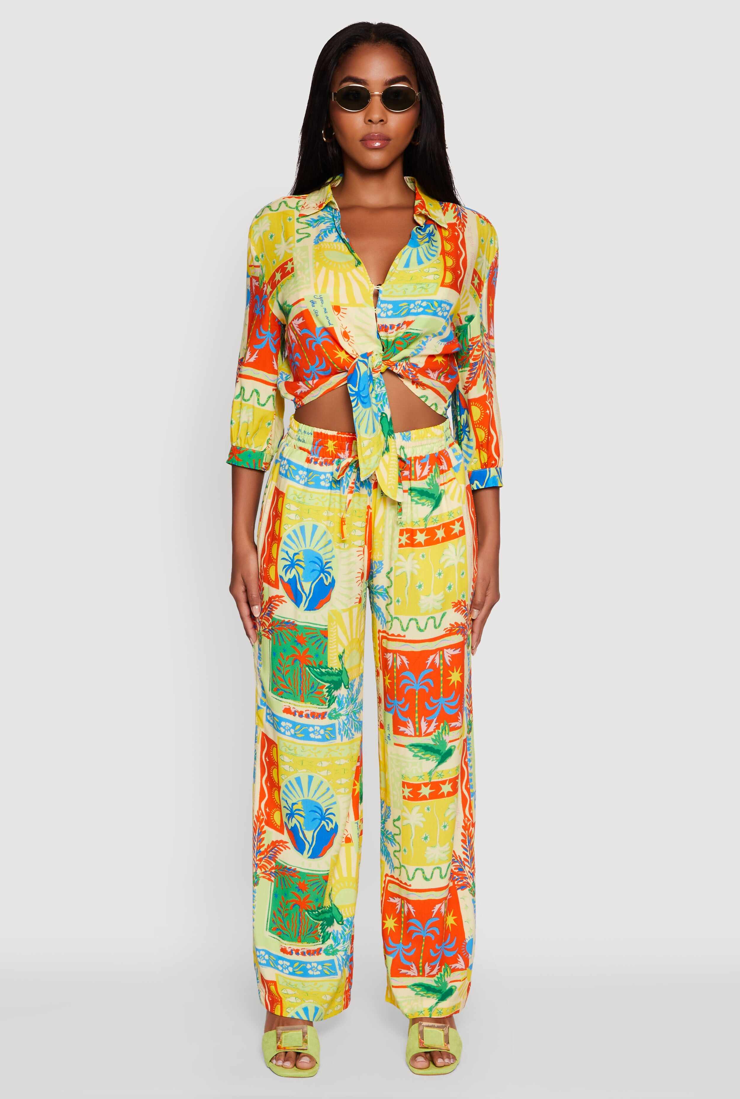 Printed Pattern Tie Front Crop Button Front Blouse