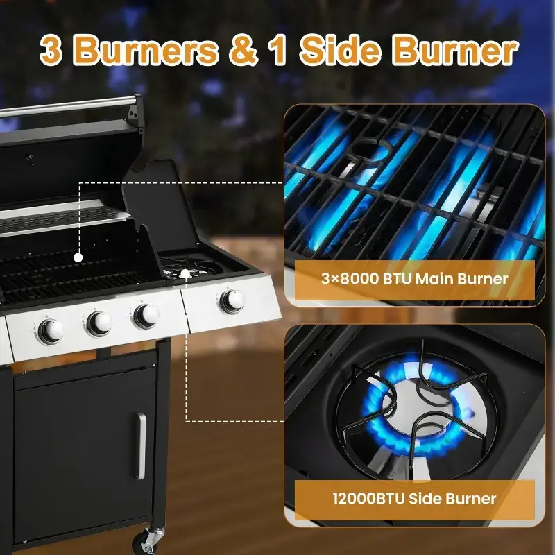 3-Burner Outdoor Barbeque Grill - Side Burner & Cast Iron Grates, 43.3