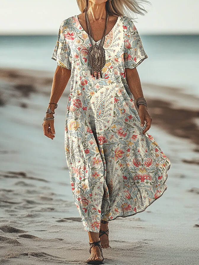 Women's Retro Paisley Floral Art Print Pocket Cotton Dress