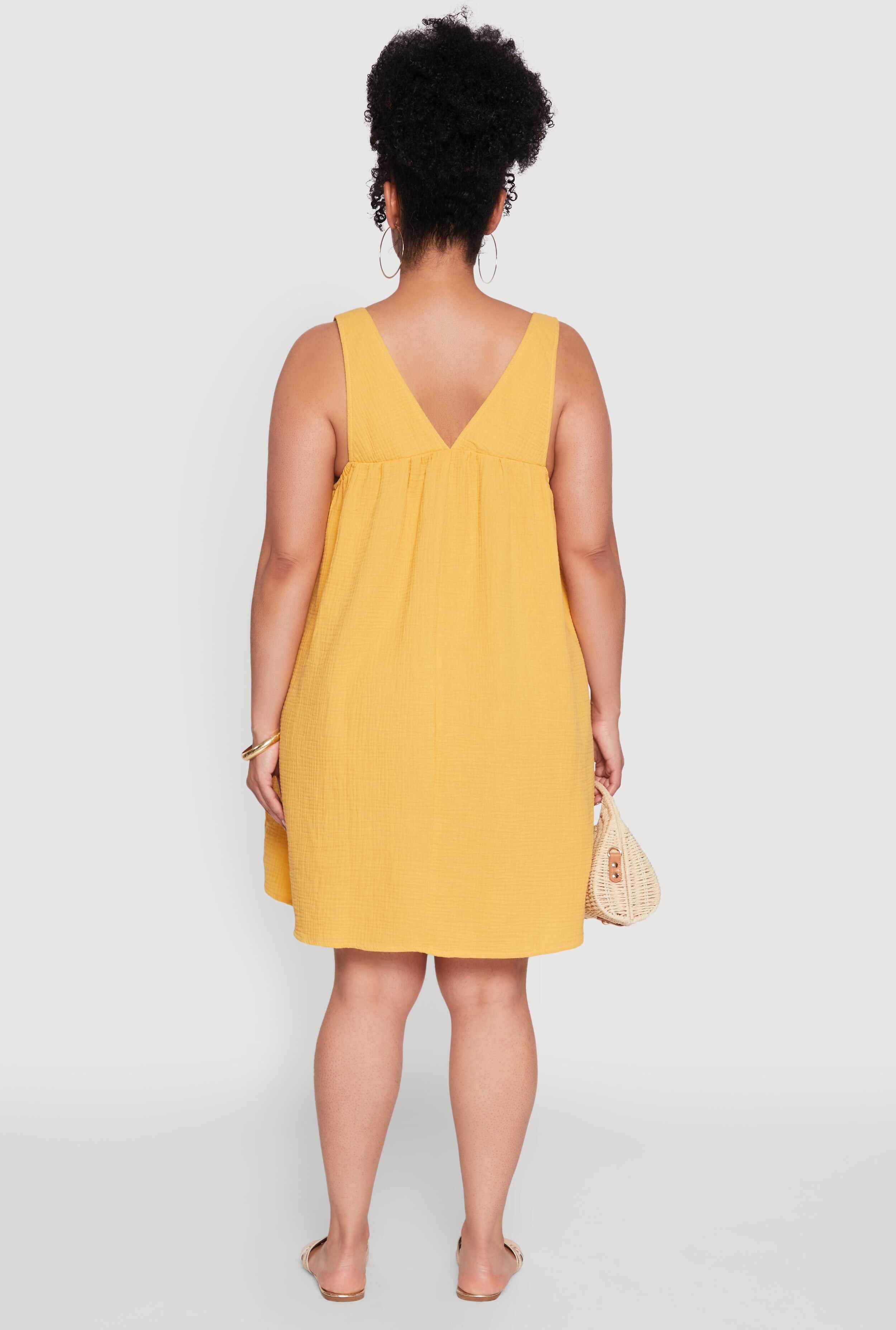 Plus Size Gauze Knit Square Neck Babydoll Dress with V Back