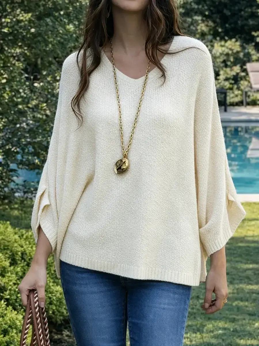 🔥Summer Arrivals🌟Women's V-neck Long-sleeved Casual Loose-fitting Knitted Pullover Sweater