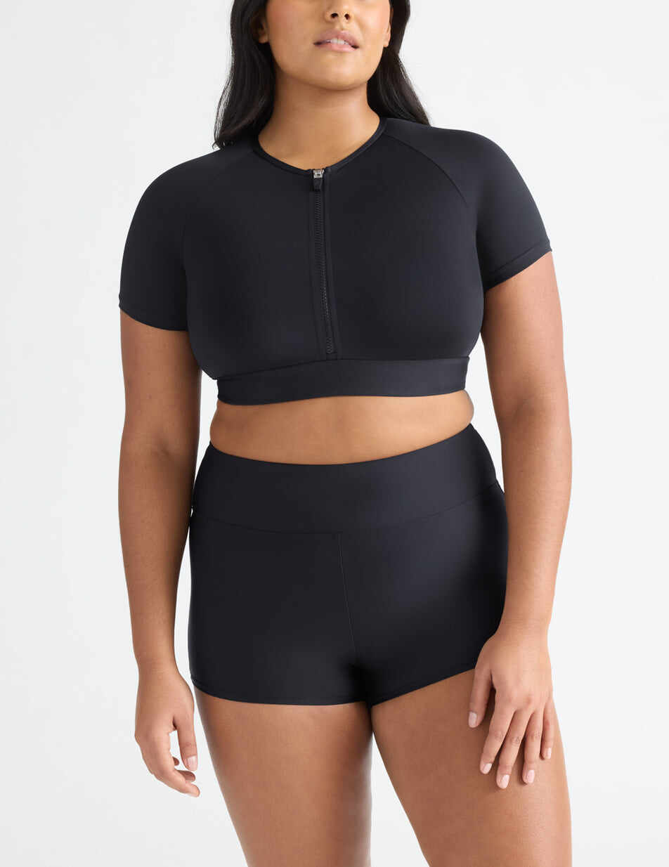 Short Sleeve Zip Cropped Swim Top