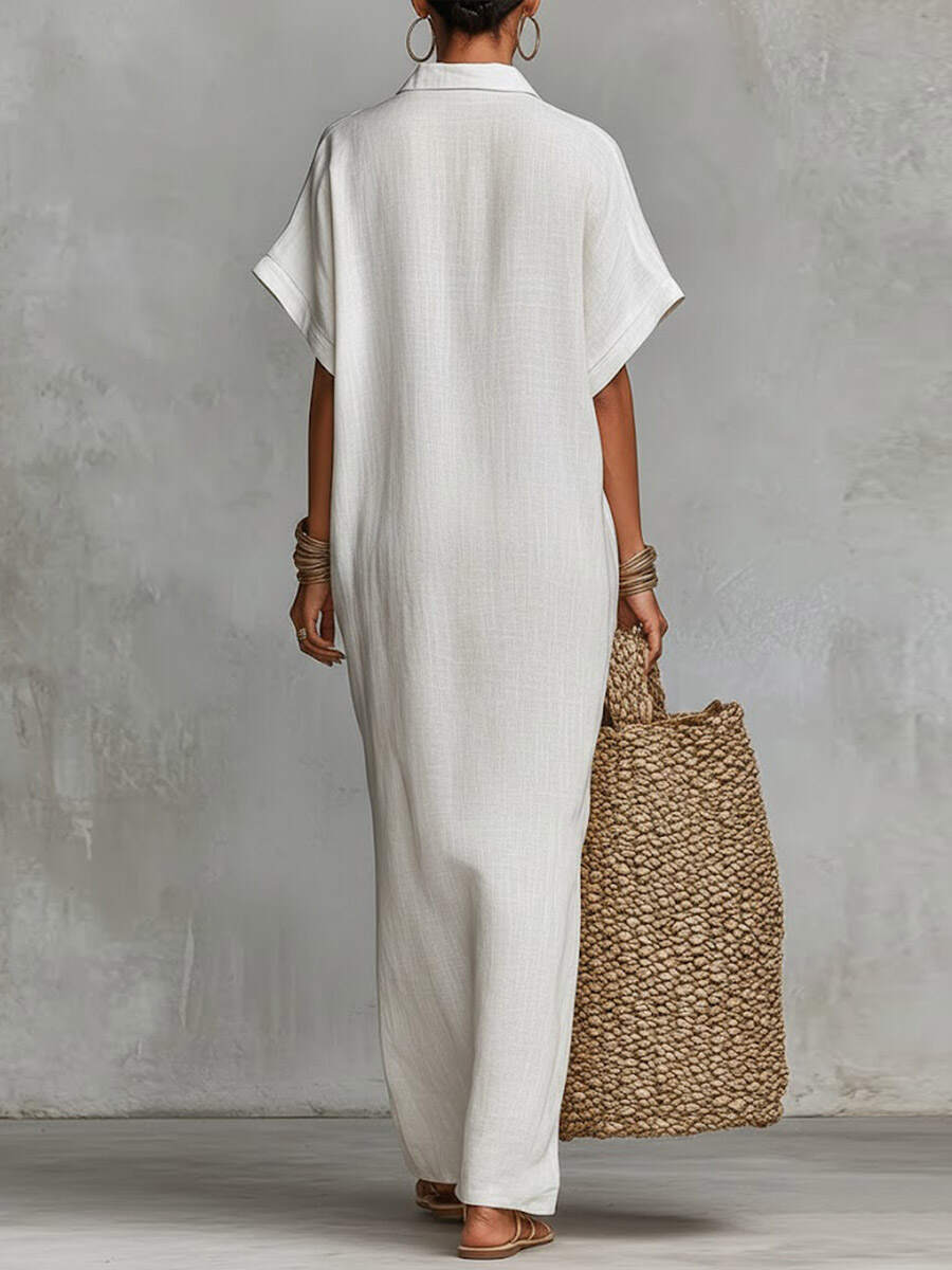 🔥Summer Arrivals🌟Women's Solid Color Collared Short-sleeved Casual Loose Linen Dress