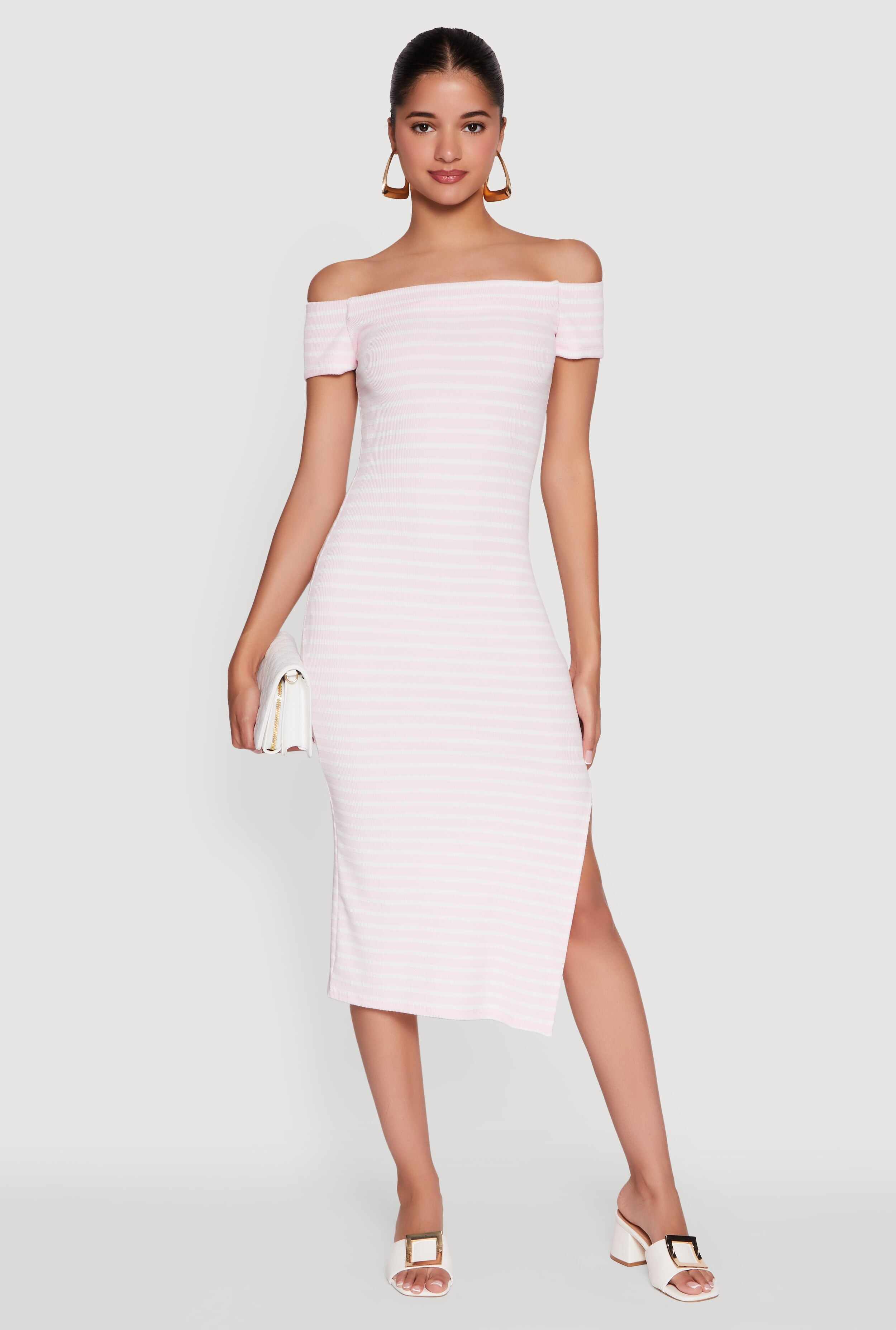 Ribbed Knit Side Slit Striped Midi Dress