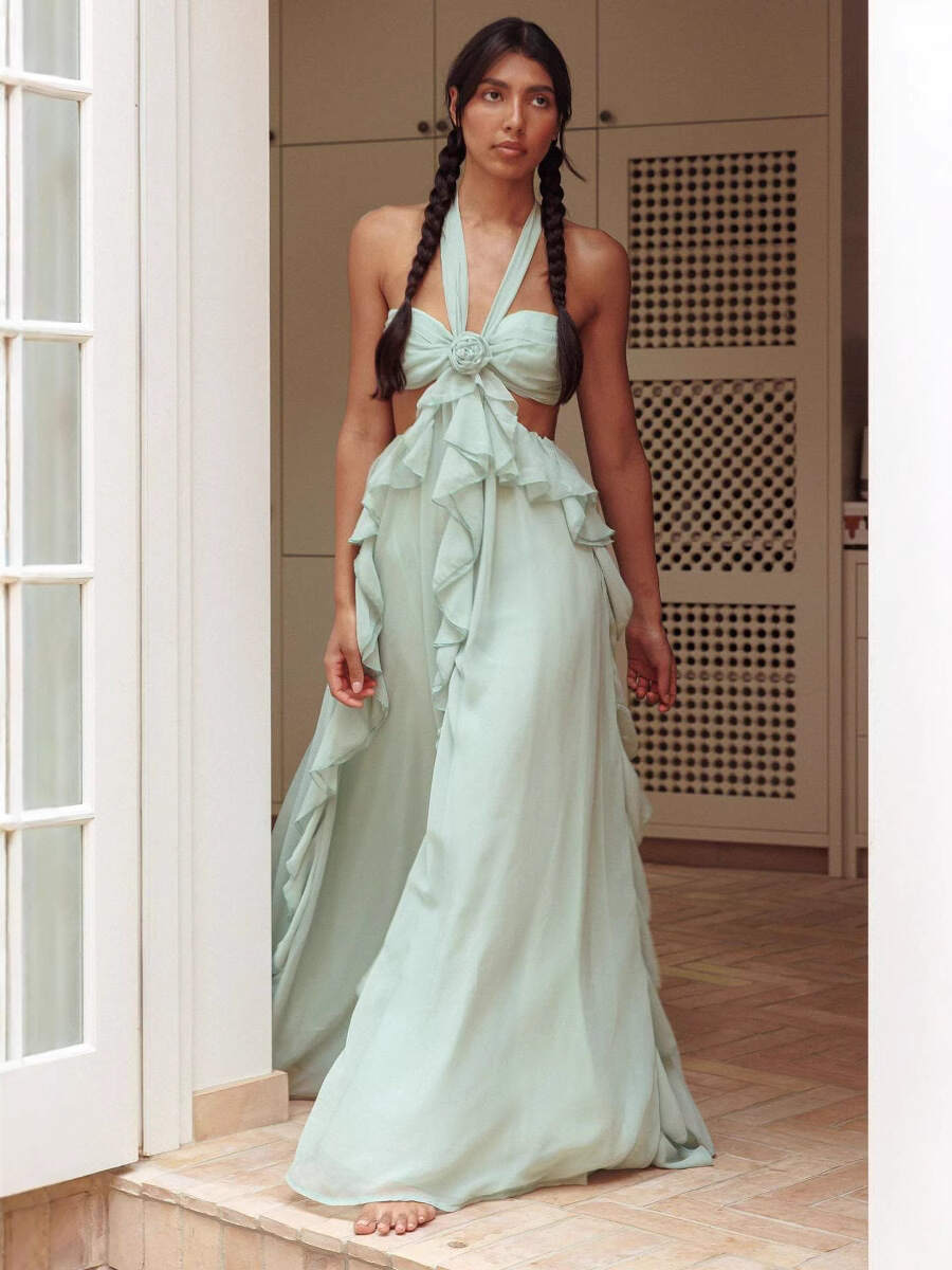Strapless backless ruffled maxi dress