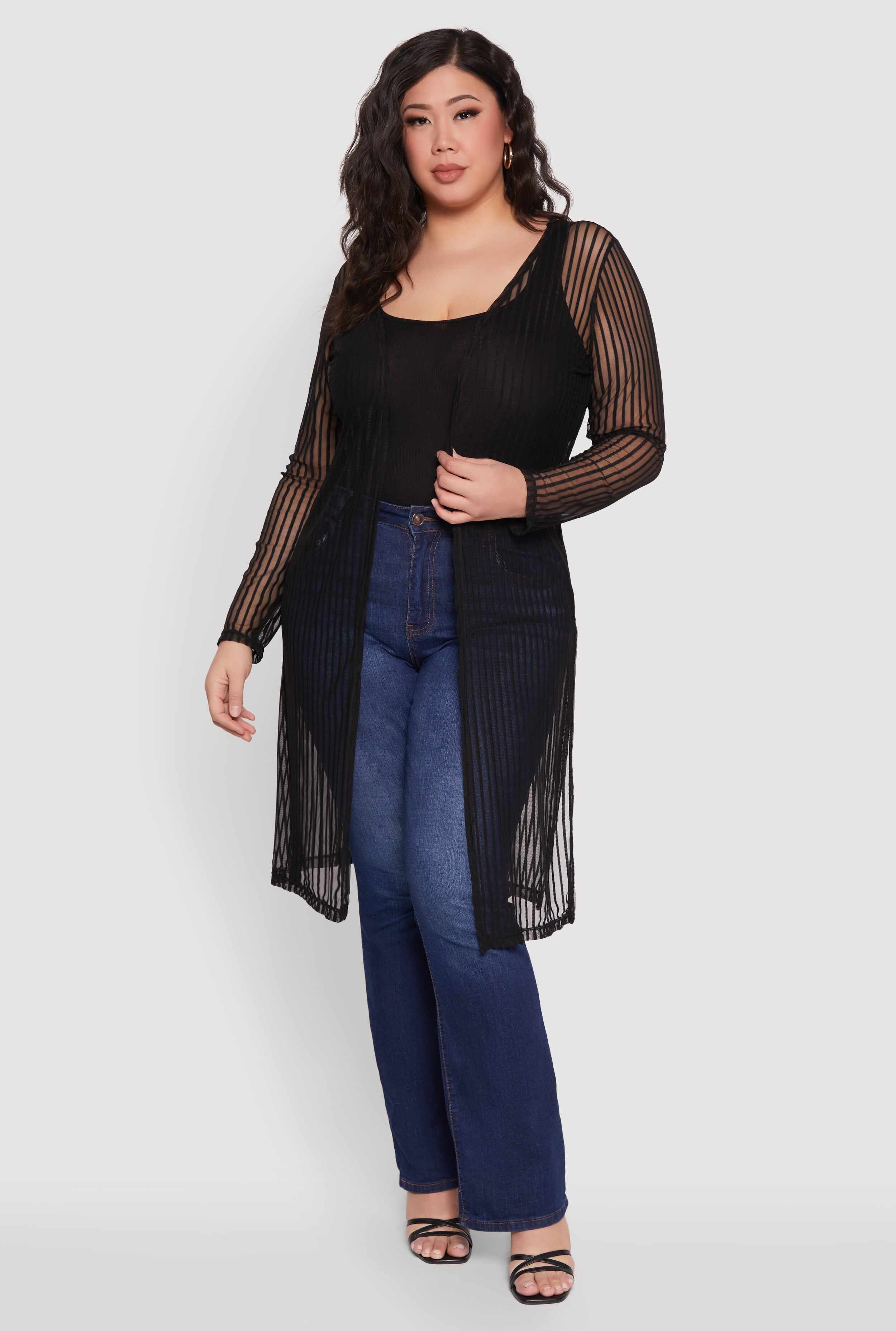 Plus Size Shadow Stripe Mesh Duster