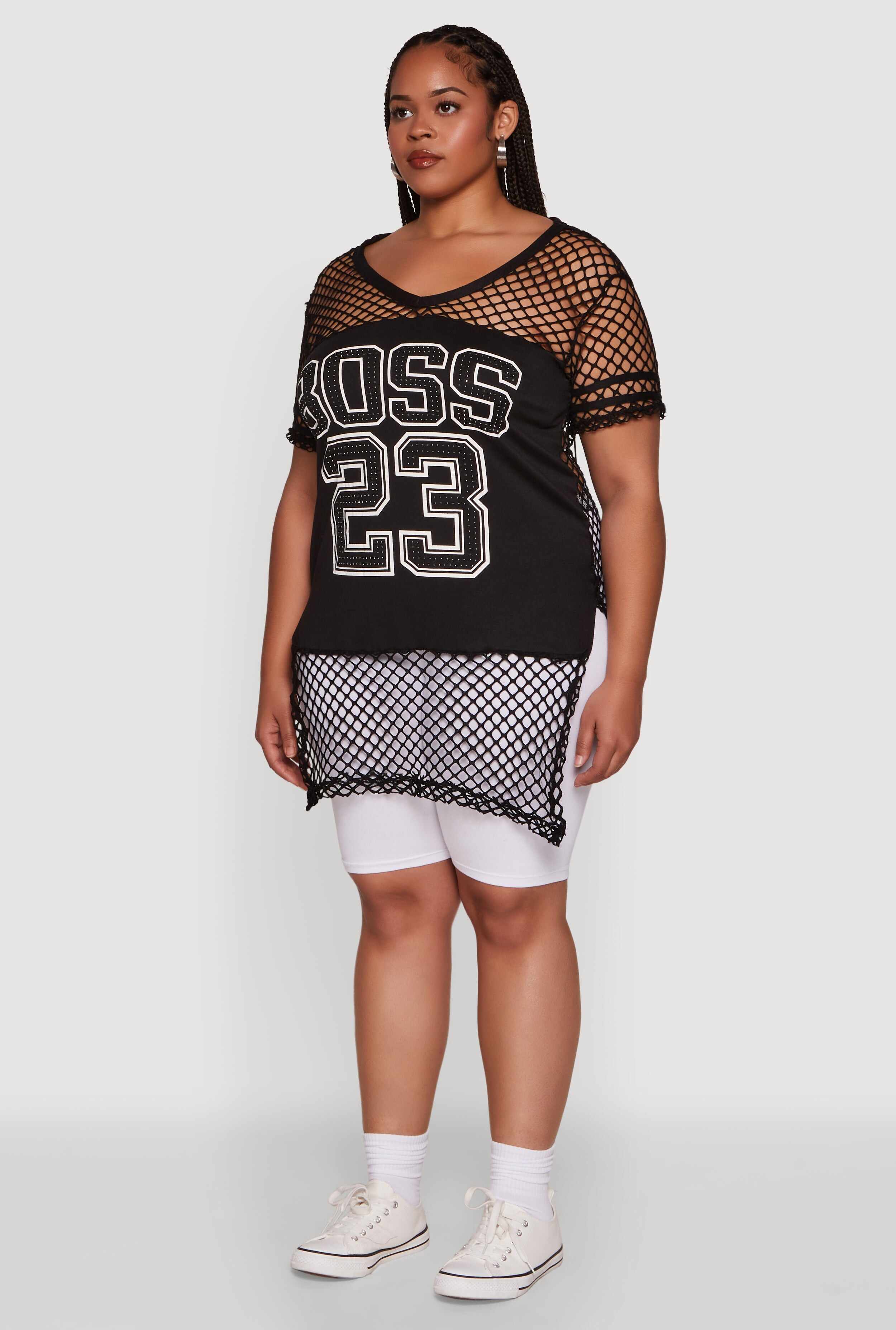 Plus Size Fishnet Boss 23 Rhinestone Graphic Top with Varsity Stripe Details