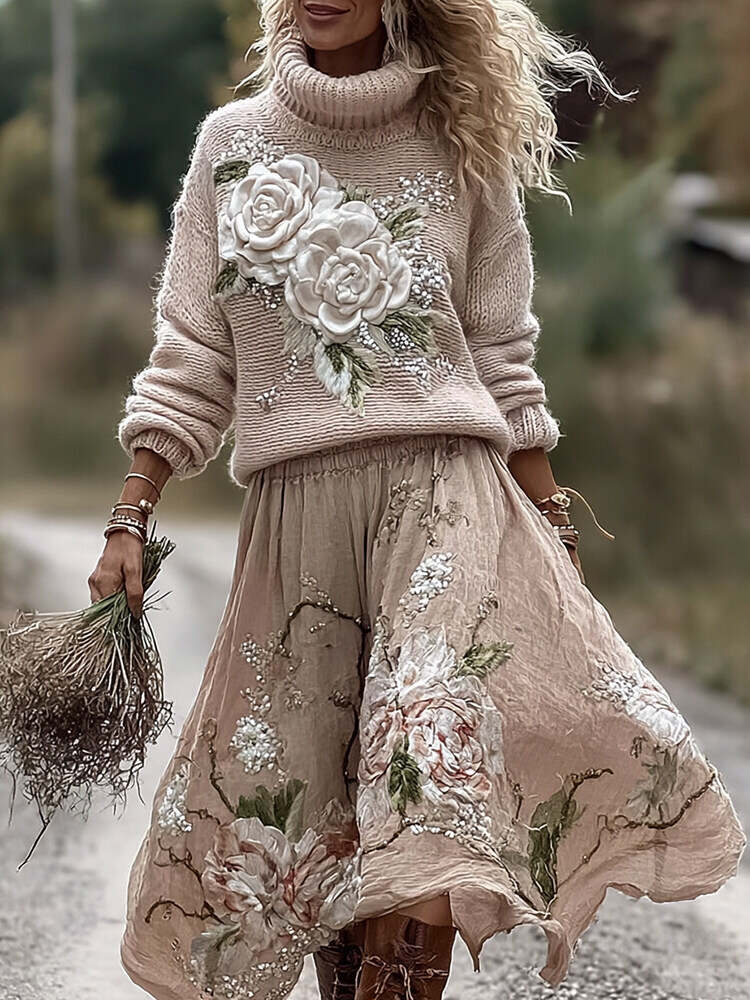Vintage Rose In Pink Art Cozy Knit Turtleneck Sweater And Linen Skirt Two-piece Set