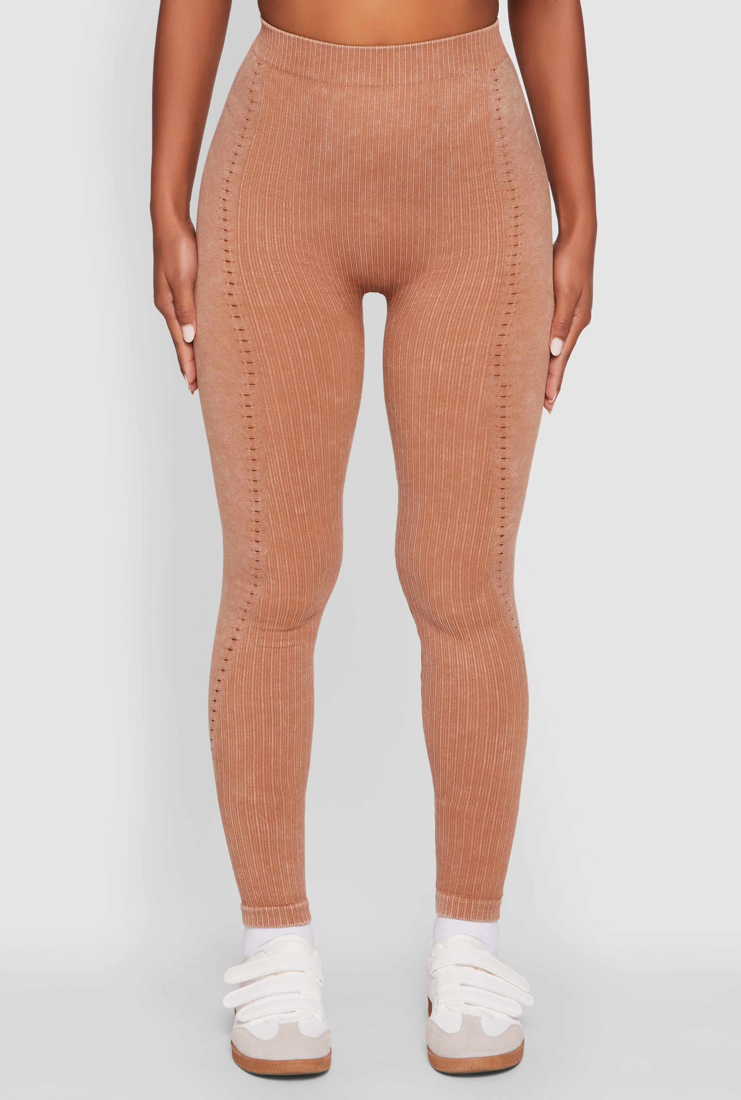 High Waisted Acid Wash Ribbed Knit Seamless Leggings