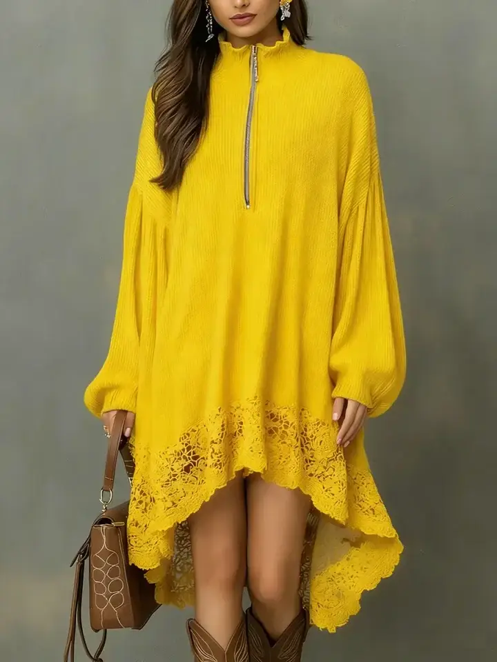 🔥Summer Arrivals🌟Women's Solid Color Stand-collar Long-sleeved Casual Loose Knit Dress With Lace Trim.
