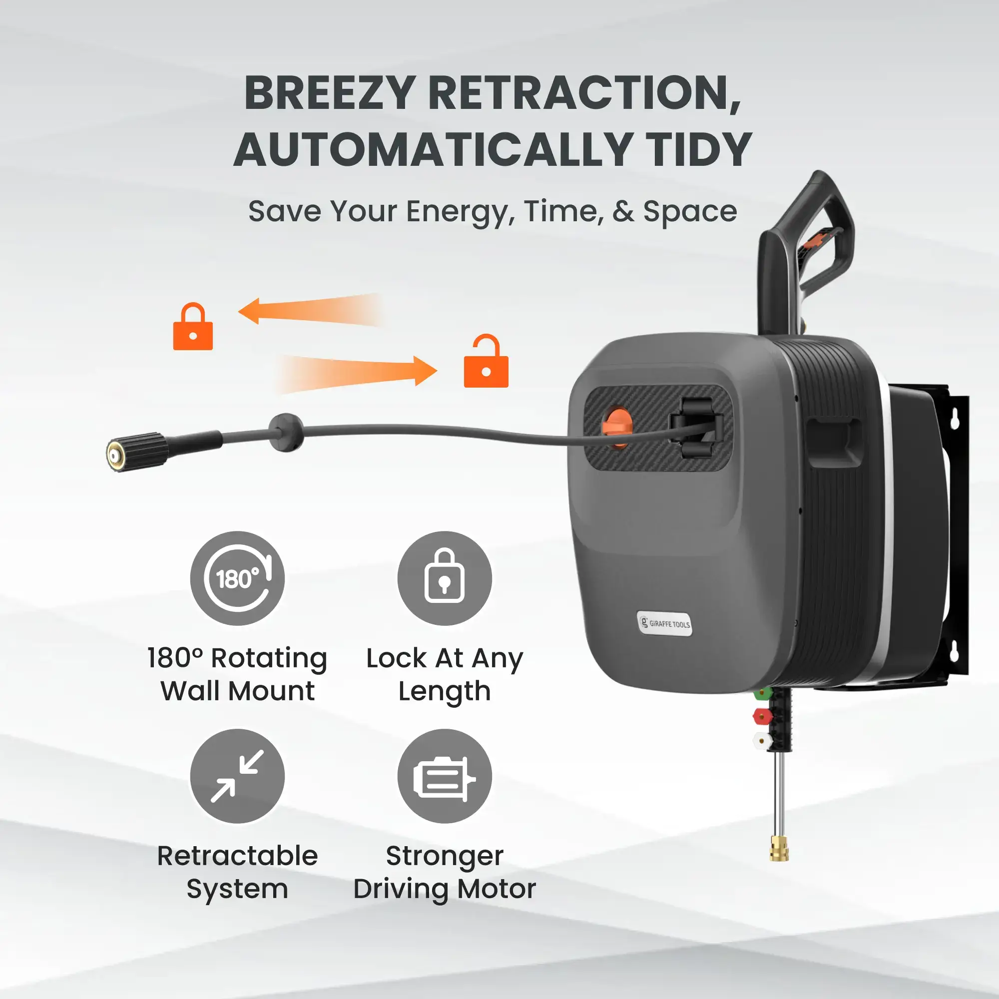 Retractable Pressure Washer G20 2400 PSI 2.0 GPM with 65FT Hose Reel, 4 Nozzles for Floor, Cars, Patios & More