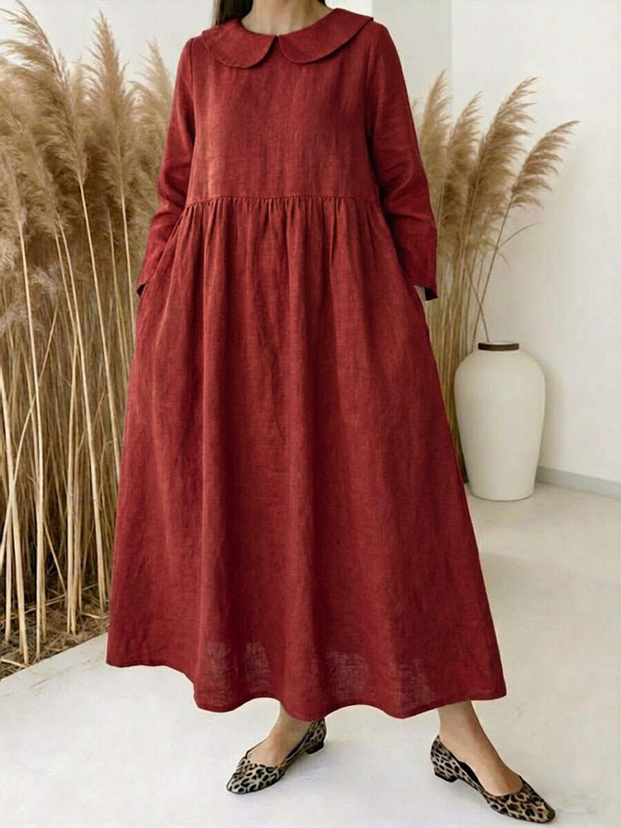 🔥Summer Arrivals🌟Women's solid color Peter Pan collar long-sleeved casual loose cotton and linen dress