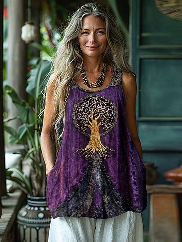 Vintage Tree Of Life Graphic Art Linen Suspender Sleeveless Top