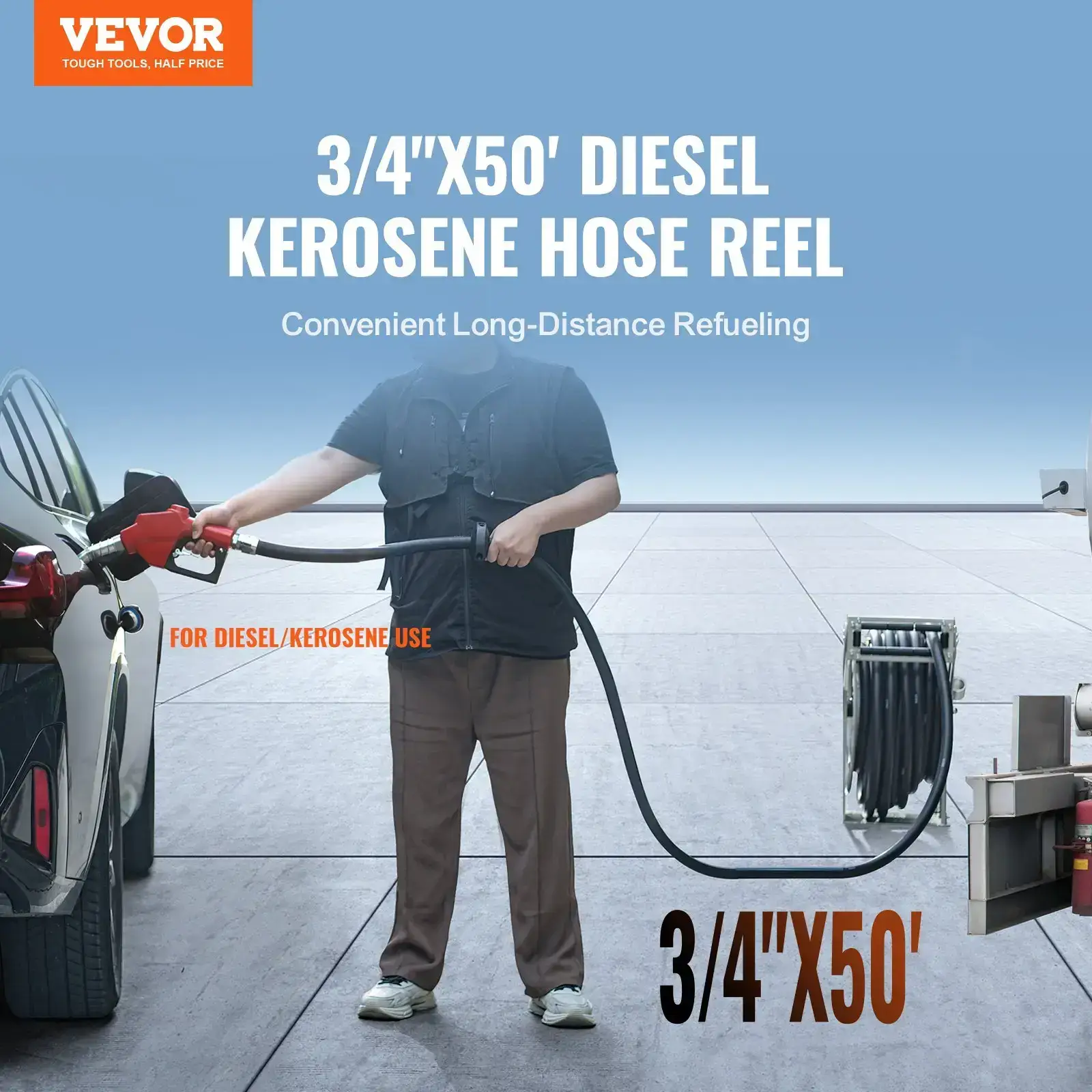 Fuel Hose Reel,Extra Long Retractable Diesel Hose Reel, Heavy-Duty Carbon Steel Construction with Automatic Fuel Nozzle, NBR Rubber Hose for Aircraft Ship Vehicle Tank Truck, 300PSI