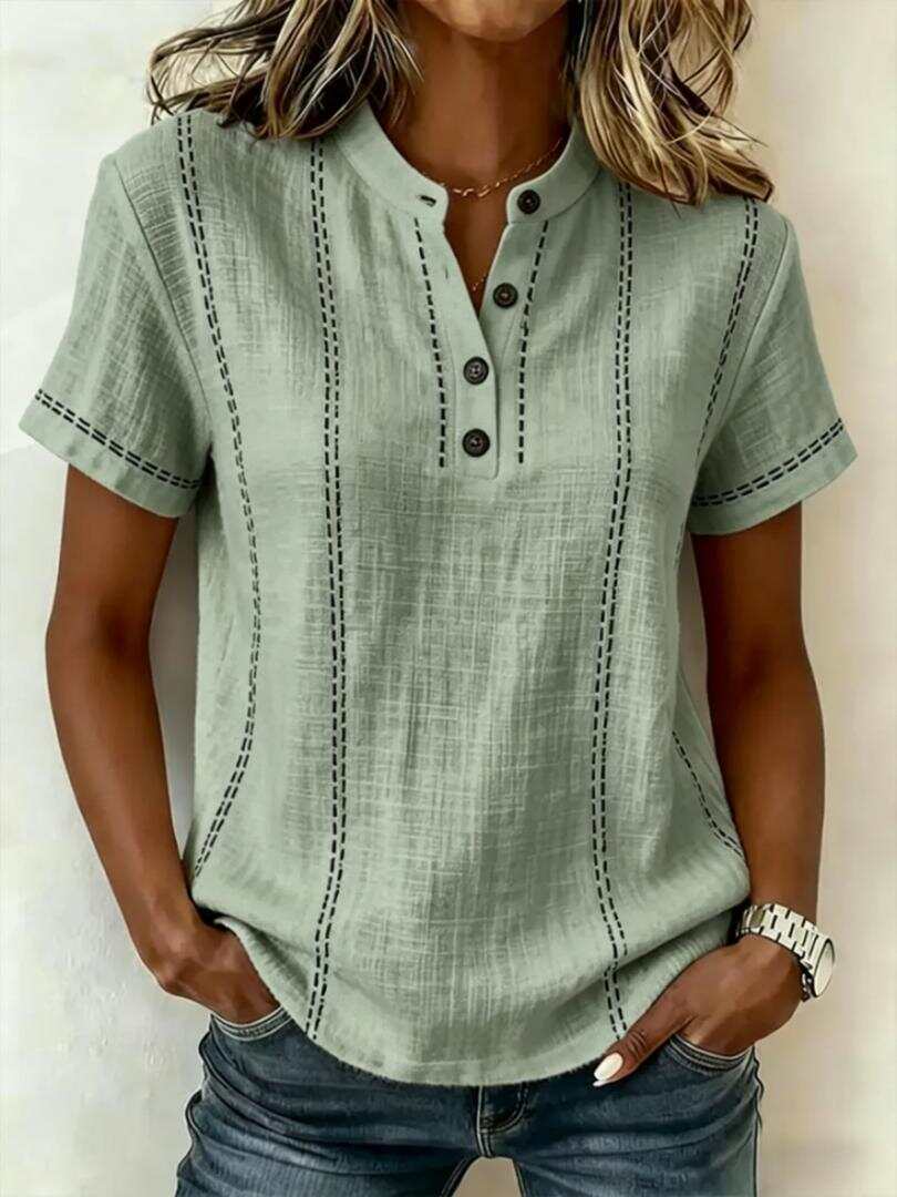 Casual Short-Sleeve Striped Stand Collar Panel Shirt
