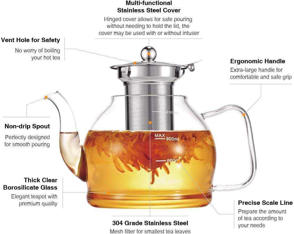 MINO ANT Tea Set ̈C 1200ml Glass Teapot with Removable Stainless Steel Infuser, and 4 Glass Teacups, Stovetop Safe Tea Kettle Gift Set, Blooming and Loose Leaf Tea Maker Set