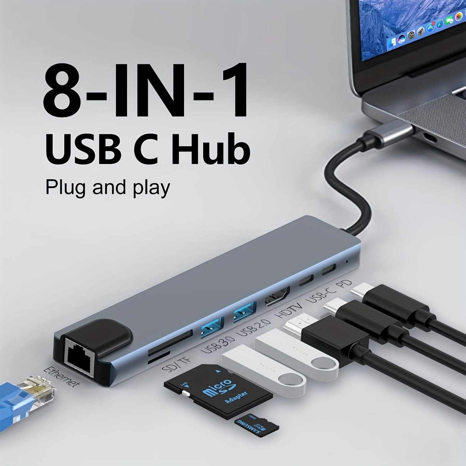 8 In 1 USB C HUB, USB C Adapter With 4K HDTV, 100W PD, USB C Port, USB 3.0,USB 2.0,RJ45 Ethernet, SD/TF Card Reader, Docking Station Compatible For MacBook Pro/Air USB C Laptops And Other Type C Devices