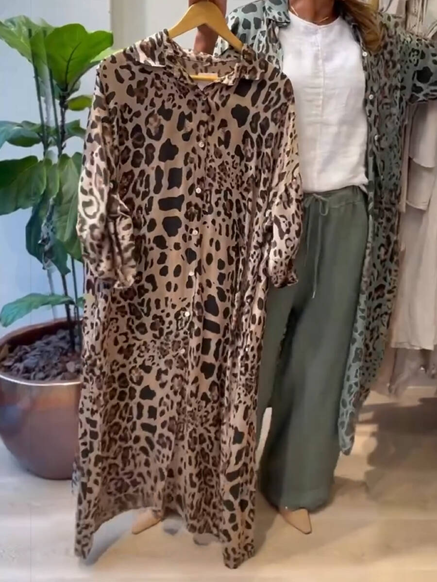 🔥Summer Arrivals🌟Leopard Print Linen And Cotton Shirt Dress