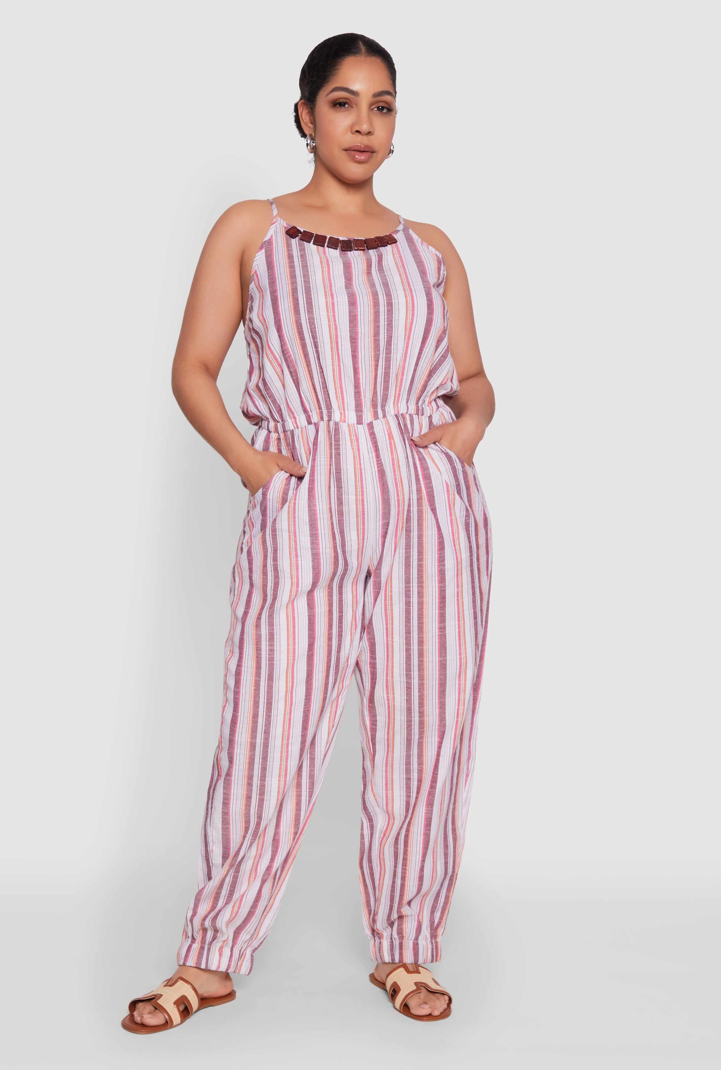 Plus Size Striped Wood Beaded Trim Jumpsuit