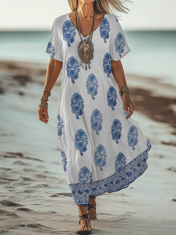 Women's Art Floral Painting Hippie Retro Print V-Neck Short Sleeve Dress