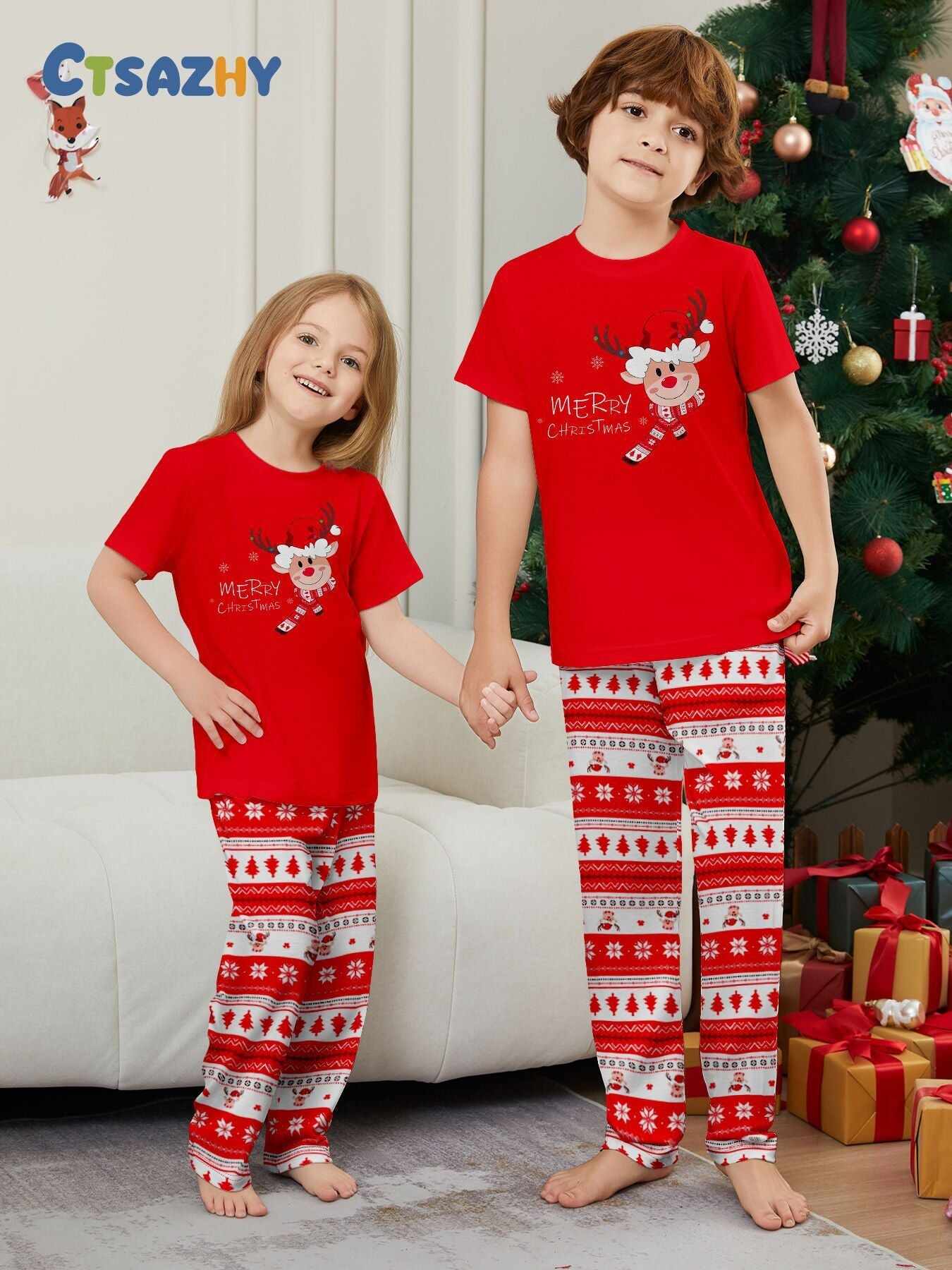 Fawn Printed Short Sleeve Family Matching Christmas Pajamas Sets