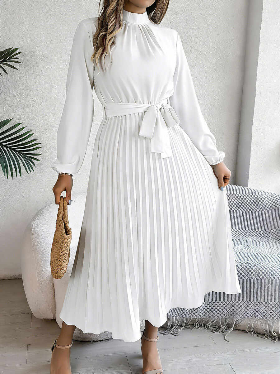 🔥Summer Arrivals🌟Women's Stand-up Collar Long-sleeved Lace Up Pleated Dress