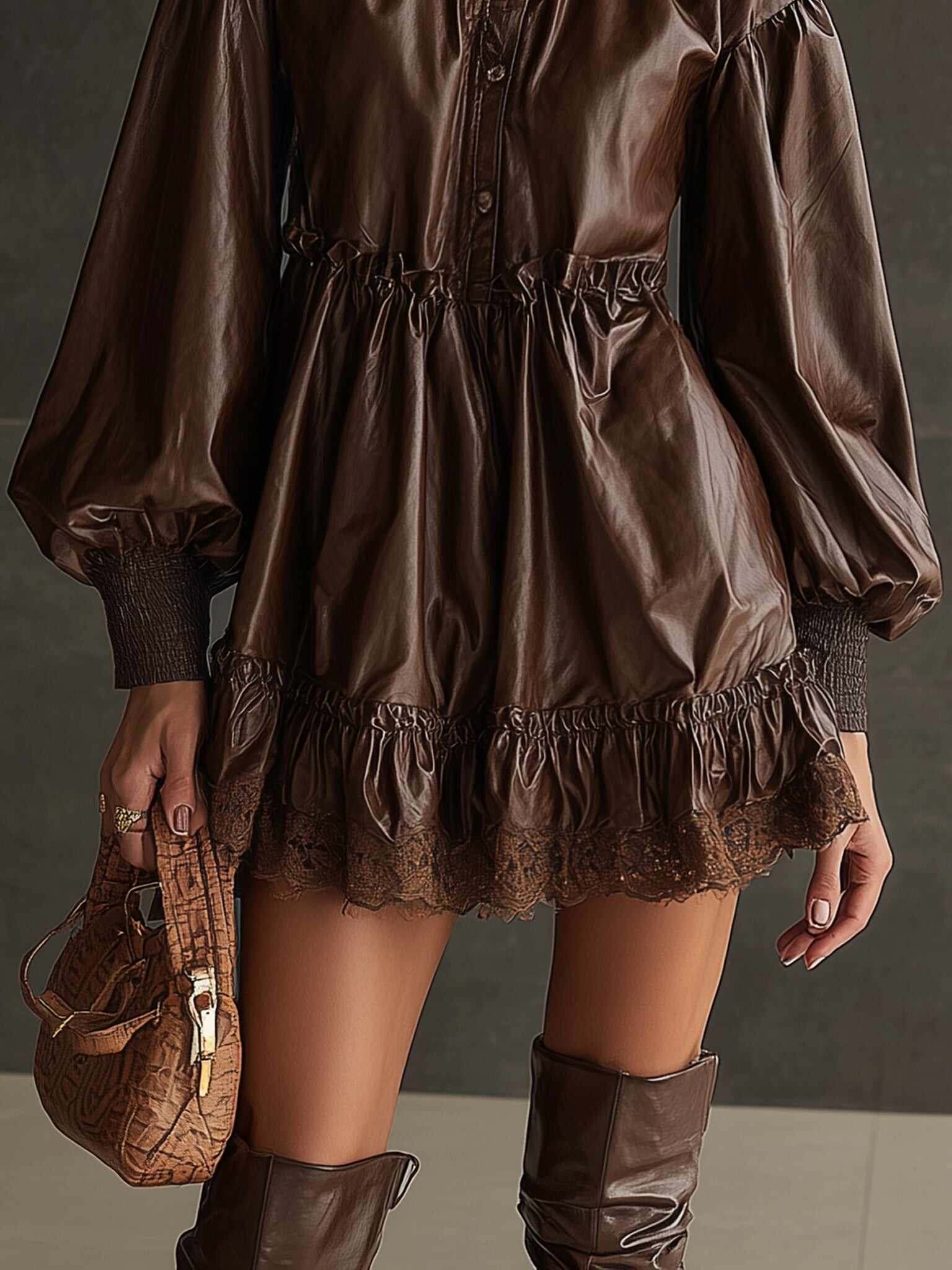 Chocolate Leather Lace Ruffle Long Sleeve Mini Dress