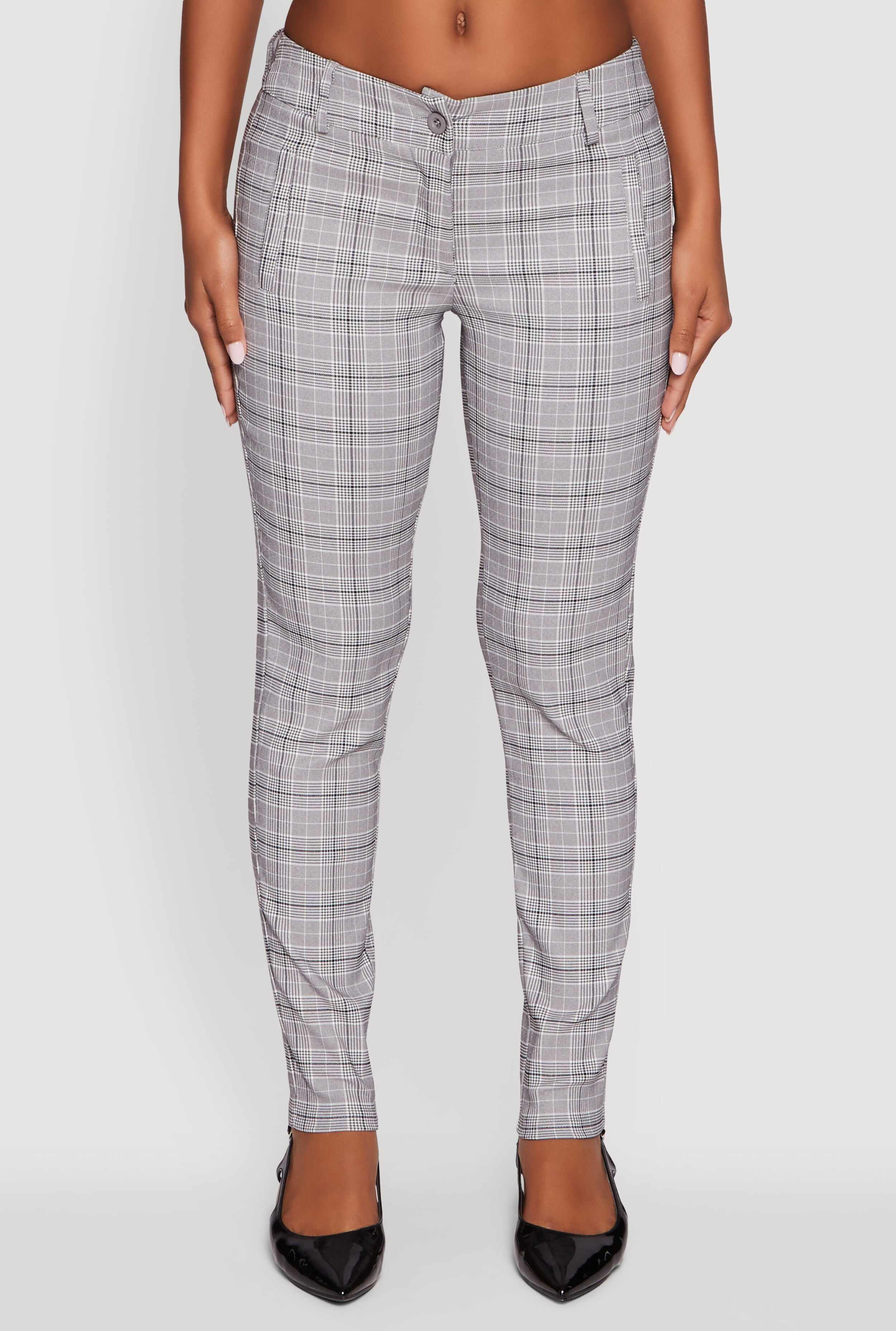 Mid Rise Plaid Skinny Dress Pants